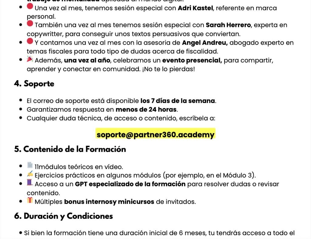 Mensaje real del equipo de soporte de Partner360 respondiendo dudas